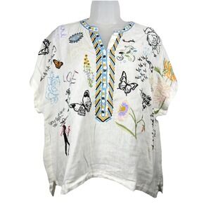 Johnny Was Nabi Linen Embroidered Tunic XS Boho Butterfly Floral White